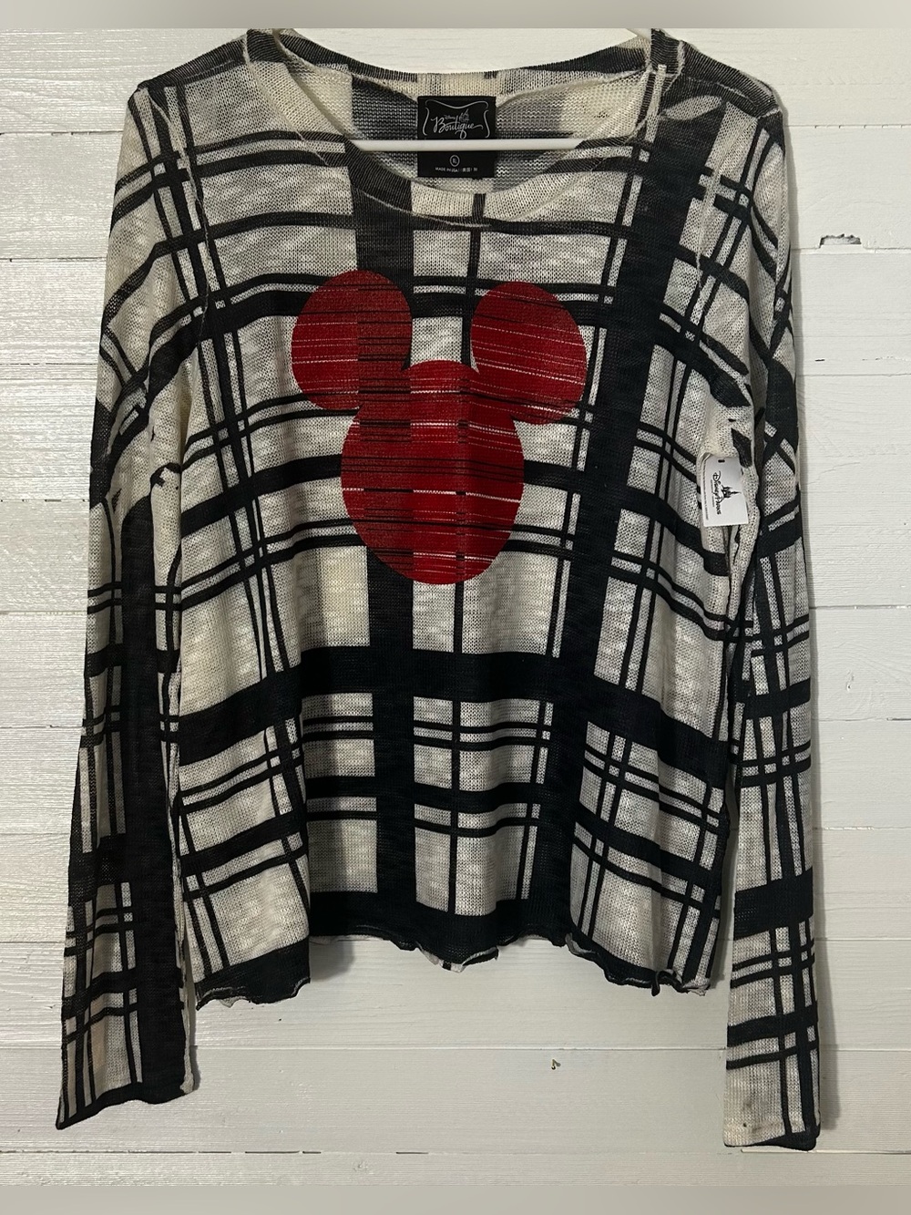 Disney Parks Plaid sheer long sleeve shirt, NWT, black/white with Mickey.